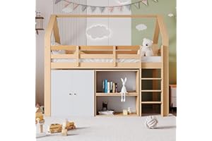 Becag Kinderbett 90x200 cm, Hausbett Hochbett mit 2 Regalen und Aufbewahrungsschrank, Holzbett Etagenbett mit Rausfallschutz und Leiter, Kinderbett mit Lattenrost und Stauraum, Ohne Matratze, Natur