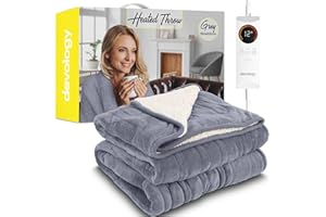 Devology Heated Throw - Electric Blanket - Digital Controller - Timer up to 12 hours, 6 Heat Settings, Auto Shutoff - Machine Washable - Double 150x200cm - Grey Shearling