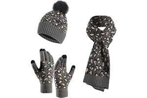 YOUNGSOUL 3 Pezzi Inverno Maglia Set Leopardo Stampa Caldo Bobble Cappello Sciarpa e Guanti Donne Ragazze