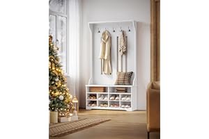 VASAGLE Garderobenständer mit Schuhbank, Garderobe, Schuhaufbewahrung, 5 Dreifach-Haken, freistehend, platzsparend, für Eingangsbereich, Flur, verstellbare Regalebenen, wolkenweiß HSR404T10