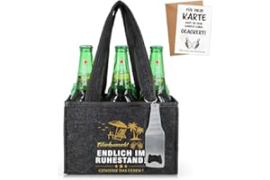 WenmthG Witzige Ruhestand Geschenk Männerhandtasche Bier mit Flaschenöffner und Grußkarten für Männer Mann Frauen Freund Kollegen Biertasche aus Hochwertigem Filz Flaschenträger für 6 Bierflaschen