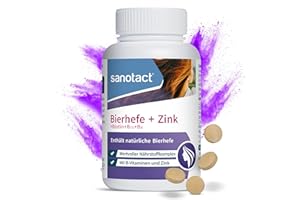 ‎SANOTACT Sanotact Bierhefe + Zink Tabletten – 180 Stück | Für Haut, Haare & Nägel | Vitamin-Komplex mit Bierhefe, Zink, Biotin, Vitamin B12, B6 & Vitamin C | 100% Vegan