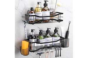 ALOCEO Mensola Bagno Adesiva, Mensola Doccia senza foratura pezzi 2 con 6 Ganci, Porta Shampoo Doccia Acciaio Inox, Nero