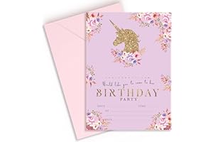 Cute Little Gift Shop Unicorn Birthday Party Invitations for Girls | Pink Kids Magical Kids Invites for Children (20 x Pack Cards & Envelopes)