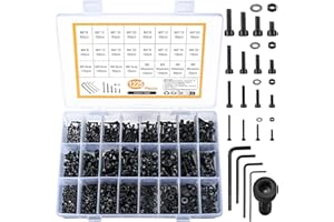 QIWUHAI Zestaw 1225 szt. śrub z łbem sześciokątnym M2/M3/M4/M5, zestaw nakrętek z łbem sześciokątnym, czarne śruby z łbem sześciokątnym, śruby maszynowe i nakrętki (kolor czarny, 1225, okrągła główka kubka)
