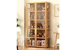 SKORDO Curio Cabinets With Glass Doors Glass Display Cabinet Curio Cabinet Display Cabinet Natural Bamboo Frame, Safe And Healthy, Double Door Design For Convenient Storage, Sealed Dustproof, Easy To Clean