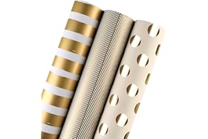 RUSPEPA Rouleau De Papier D'Emballage Cadeau - Impression Dorée Pour Anniversaire, Vacances, Mariage, Cadeau De Naissance - 3 Rouleaux - 76 X 305 cm Par Rouleau