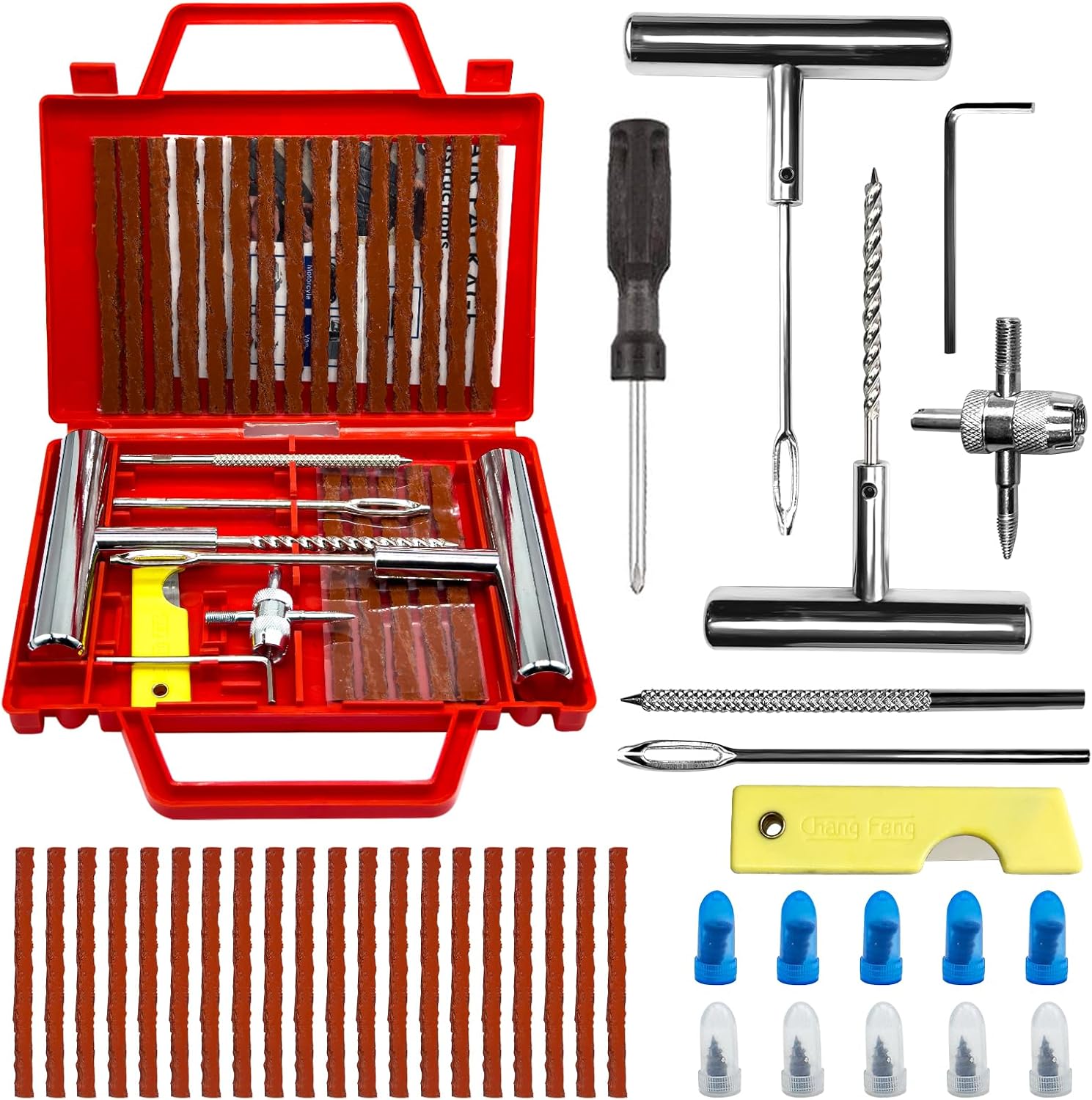 38PCS Kit Repara Pinchazos para Coche y Moto, kit antipinchazos neumático, Mechas y Clavos de gomas, Compacto para Maletero, Solución emergencia, Fácil Uso sin Experiencia