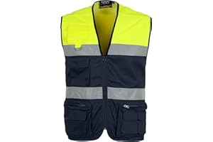 Work Team Chaleco tipo safari multibolsillos bicolor, con dos cintas de alta visibilidad. HOMBRE Marino+Amarillo A.V. L