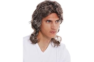 WIG ME UP- 31915-FRT34-66 Peluca Halloween Carnaval Hombres Mullet farru Pelo Ondulado Rizado los 80 castaño mechones rubios hasta los Hombros