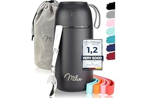 Milu® Thermo Food Flask - 300, 440, 450, 650, 800ml - Stainless Steel Insulated Container - Lunchbox - Jar with Spoon for hot and Cold Food (Black, 800ml)
