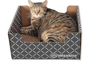 HIDE & SCRATCH Cat Scratcher Box and Bed with Refillable Double-Sided Cardboard Cat Scratching Board (40 x 33cm)