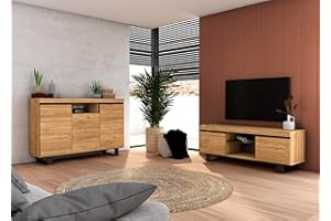 Skraut Home - Set Naturale Sala da Pranzo, Mobile Ausiliario, Credenza-Mobile TV 140 cm Rovere Nordic Nero