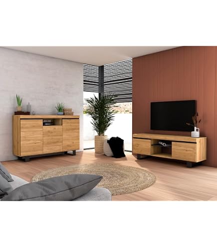 Buffet 2 Portes Effet Bois Avec Tasseaux PAJAN - Style Japandi 100x35xH80cm