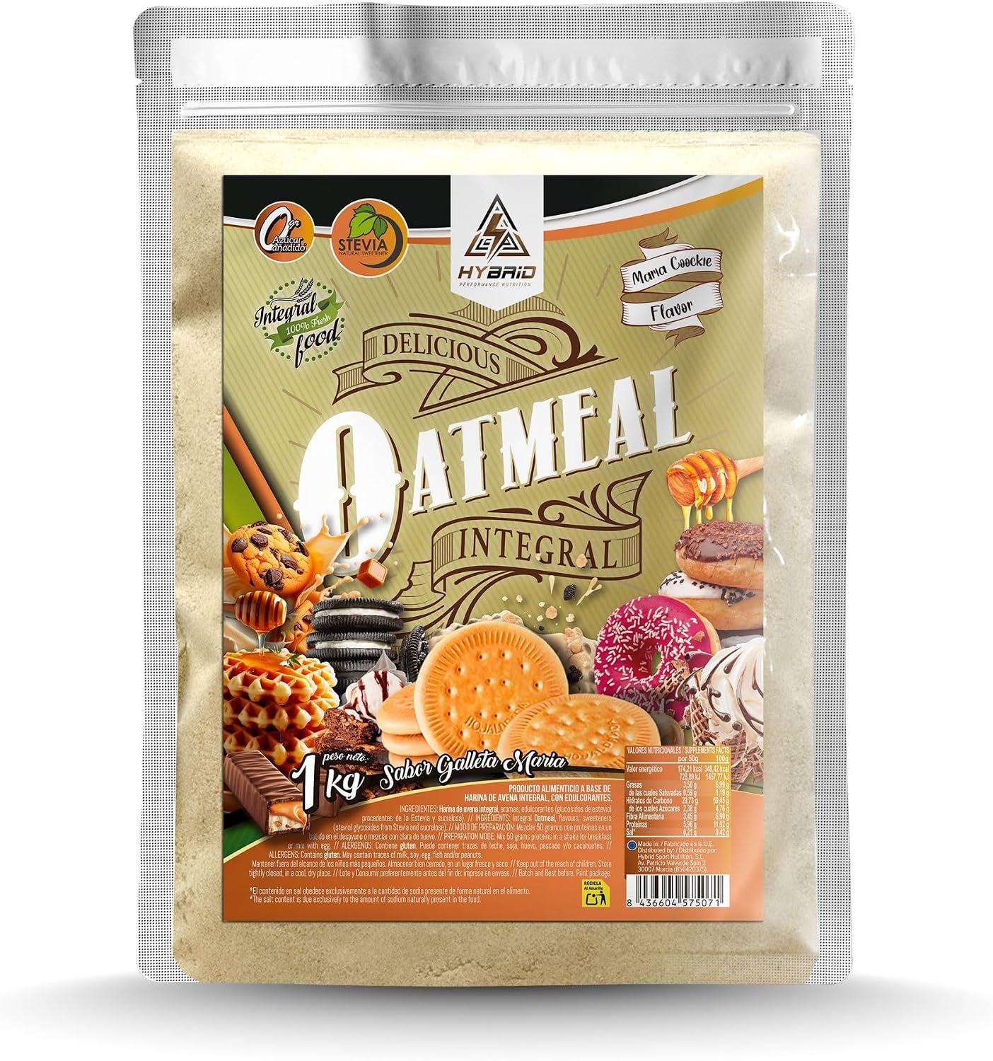 Harina de Avena Integral 100% – Hybrid Sport Nutrition - Fuente de Fibra y Energía 1 kg - Sin Azúcares Añadidos (1 Kg, Galleta María)