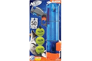 Nerf Dog Zestaw upominkowy dla psa do piłek tenisowych, piłka tenisowa, wyrzutnia piłek do 15 m, miotacz piłek dla wszystkich ras, zawiera półprzezroczystą niebieską wyrzutnię piłek tenisowych i 3