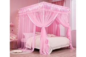 Mengersi Canopy Bed Curtains Queen Size,Bed Canopy for Girls Princess Bed Canopies Drapes Mosquito Net -Bedroom Decor,Pink