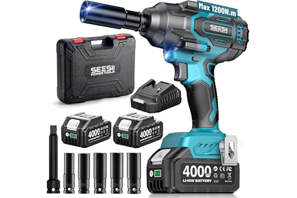 Seesii 1200 N·m Clé à Chocs Sans Fil Brushless, 1/2 pouce Boulonneuse a Choc Electrique avec 2x4.0Ah Batterie, Chargeur Rapide, Visseuse à Choc avec 5 Douilles pour la Voiture et la Maison