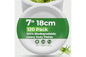 PRIME FEEL 7 Inch (18cm) Disposable Paper Plates [120 Pack] - 100% Compostable Sugarcane Plates, Heavy-Duty & Eco-Friendly for Parties, Events, BBQs, Camping & Picnics