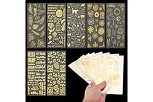 olyee 7 Blatt Scrapbooking Sticker Selbstklebende wasserdichte Aufkleber für Scrapbooking und DIY Handwerk Inklusive Frische Blüten Blätter Elegante Buchstaben Schöne Vögel Süße Katzen(Gold)