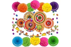 ZERODECO Mexican Party Decorations, 21 Pcs Multi-Color Mexican Paper Fans, Pom Poms Flowers for Mexican Fiesta Cinco De Mayo Taco Themed Birthday Party Supplies