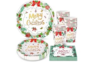 KAHEIGN 100 Pièces Vaisselle en Papier de Fête de Noël, 25 x 23CM Assiettes Plates, 25 x 19CM Assiettes à Salade, 25 x Tasses de 270ml, 25 x 16CM Serviettes - pour Vacances Noël Fêtes Décoration