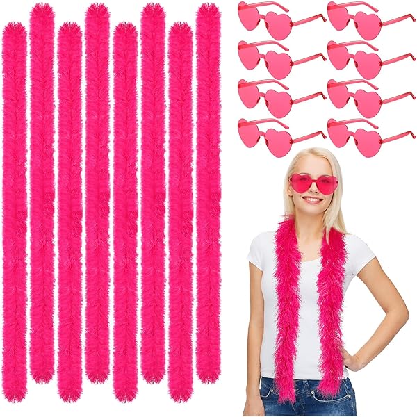LACGO 6 stuks roze veren boa's met 6 stuks glazen, kunstmatige pluizige boa's decoratie voor vrouwen, hart randloze zonnebril, feestaccessoires voor meisjes, vrijgezellenfeest, Halloween (12 stuks LACGO 6 stuks roze veren boa's met 6 stuks glazen, kunstmatige pluizige boa's decoratie voor vrouwen, hart randloze zonnebril, feestaccessoires voor meisjes, vrijgezellenfeest, Halloween (12 stuks
