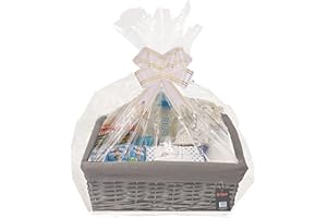 H-LINE SMALL Make Create Your Own Gift Hamper Kit - Grey Wicker Storage Basket Cellophane Wood Shred Bow Set - Ideal for Christmas Easter Christening Wedding Baby Shower or Birthday Gift