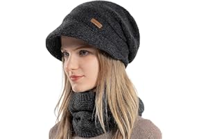 WANYIG Damen Wintermütze Strickmütze mit Schal mit Schal Herbst Damenmützen Winter Schal und Mütze Set mit Visier/Weichem Innenfutter Gefütterte
