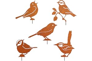JYUECIAN Vögel Gartenstecker 5er Rost Deko Gartendeko für Draußen, Edelrost Metall Vögel Roststecker Baumstecker