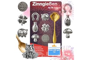 7er Zinngießen mit Zinn Giessen wie Bleigießen Bleigiessen mit & Löffel & Orakelheft mit Deutungen - Gesellschaftspiele & Partyspiele 2026 Feuerwerk Silvester Neujahr