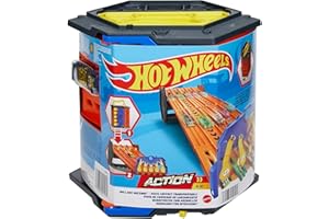 Hot Wheels Track Builder Action, Roll Out Raceway, Track Set with 5 Lane Racetrack and Toy Storage Bucket, Includes 1 Toy Car, Toys for Ages 4 to 10, One Pack, HGK41