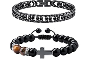 Dochais 2 Pcs Men's Bracelets, Mens Bracelets Silver Black, Cross Cuban Chain Bracelet Men Length 21 cm/23cm（8.27inch/9.05inch）, Stainless Steel Bracelet Width 8 mm