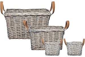 Brandsseller Panier en osier 30 cm, 28 cm et 14 cm Set de 4 paniers tressés avec poignées en similicuir gris Décoration Rangement Organisateur