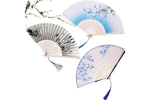 VIEXPAND Handheld Faltfächer, 3 Stück Faltbare Handfächer, Chinesischen Stil Hand Fächer Mit Quasten, Bambus Handheld Faltfächer Chinesische Folding Fans, Wanddekoration und Geschenke(Schwarz, Weiß, Blau)