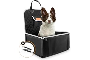 Looxmeer Fotelik samochodowy dla psa, fotelik dla zwierząt domowych dla małych i średnich psów, pogrubiony pokrowiec na siedzenie samochodowe z pasem bezpieczeństwa i składaną miską dla psa, odporny na zachlapanie, odporny na zarysowania, kolor czarny z szarymi krawędziami