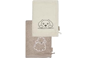 Sterntaler Lot de 2 gants de toilette pour bébé - En coton absorbant et doux - Pour le bain et la douche - Gants de toilette pour bébé et enfant avec broderie, sable