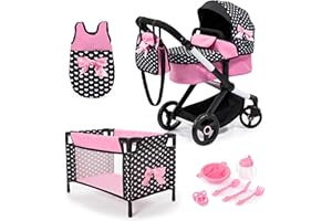 Bayer Design 17060AB Ensemble Poussette pour poupée XEO, poignée réglable, Transformable, Sac de Couchage, lit, Accessoires en Plastique, Noir, Rose