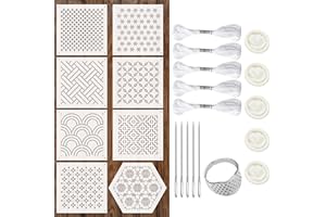 Zernblend 8 Pezzi Modelli per Ricamo 4,7 x 4,7 Pollici, 5 Aghi da Ricamo, 5 fasci di Corde Intrecciate, 5 copridita in Gomma e 1 Anello per Dito, trapuntatura a Mano, Stencil per goffratura