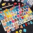 Wooden Number Alphabet Puzzles Sorting Counting Shape Sorter Learning Fishing Game Toys for Age 3 4 5 6 Year Olds Kids, Preschool Education Math Stacking Blocks Learning 8 in1