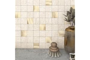 VAOVI Selbstklebende Mosaikfliesen Marmoroptik Fliesen,Quadratisches Wandfliesen Fliesenaufkleber Küchenrückwand Badezimmer Wasserdicht(Beige, 10 Stück)