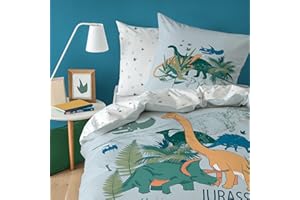 MATT & ROSE Parure de Lit Garçon 140x200 cm Dino Jungle | 100% Coton | Oeko-TEX | Housse de Couette Enfant 140x200 cm + 1 Taie d'oreiller 63x63 cm Imprimées Réversibles | Blanc, Gris Clair