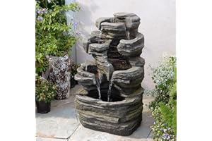 BUMILGAR 6-stufiger Kaskadenbrunnen mit LED-Beleuchtung, inkl.Pumpe 62 cm hoch,Steingrau für Terrasse, Balkon,Vorgarten Natursteinoptik-Wasserfall,Außendeko