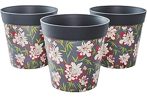 Hum Flowerpots, 15 cm, Lot de 3, Divers Motifs, Coloris et Tailles, Pots de Fleurs en Plastique Intérieur/Extérieur, Floral Gris