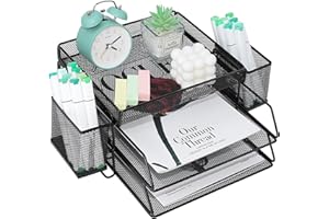 PLSOPPKG Bandeja Portadocumentos, Bandeja de Papel de 2 clasificadores apilables, 1 Bandeja Superior, 2 Soporte para Bolígrafos, Malla de Alambre Organizador de Escritorio Oficina, Escuela, Estudio