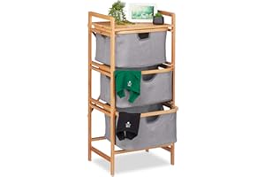 relaxdays Scaffale in bambù, 3 Scomparti con Ceste Portabiancheria, Bagno & Camera, 96 x 44 x 34,5 cm, Naturale Grigio, Poliestere, Avorio