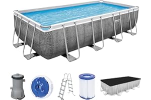 Bestway Power Steel Frame Pool Komplett-Set mit Filterpumpe 488 x 244 x 122 cm, Rattan-Optik (Schiefergrau), eckig