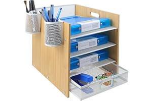 TSDRBWO Bandeja organizadora de papel de bambú de 4 niveles con cajón, bandejas de archivo de malla de metal para suministros de oficina, organizadores de escritorio, soporte de almacenamiento de