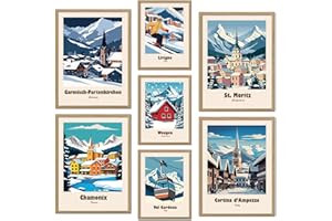 ag.art deco Lot de 7 Posters con Cadre en Bois | Affiche Decoration Murale | Affiche Murale pour Salon et Chambre à Coucher | Tableaux Decoratifs Muraux (Stations de Ski)