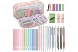 COZCLAM 32pcs Schulsachen Aesthetic mit Rosa Mäppchen, 12 Textmarker Pastell, 5 Schwarze Gelstifte, 6 Farbstifte, 5 Lesezeichen und Haftnotizen, Aesthetic School Stuff Clean Girl Schule Zubehör